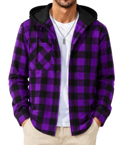 Image of SCODI Mens Flannel Hoodie Shirt Casual Button Down Plaid Long Sleeve Shirts