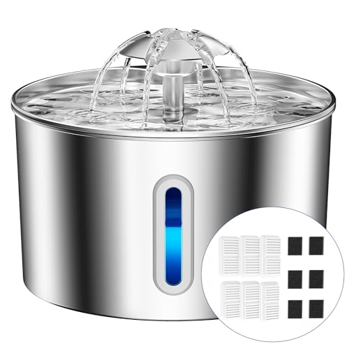 BalimoPet Fontanella per Gatti Acciaio Inox, 2,2L Fontana per Gatti Super Silenzioso, Sistema di Filtraggio Quadruplo, Facile da Pulire, Fontanella Gatto con cavo, 6 Filtri a Carboni Attivi con LED