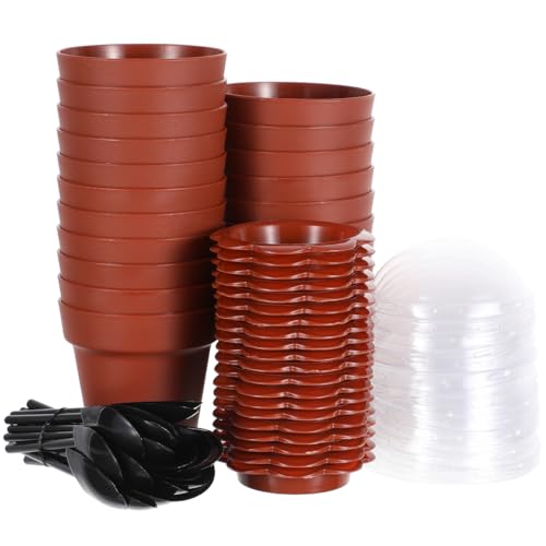 Gatuida 20 Pack Flower Pot Cake Cups with Lids Shovel Scoop and Bottom Tray Reusable Plastic Dessert Cups for Yogurt Pudding Ice Cream Tiramisu Party Catering and Garden Theme Events
