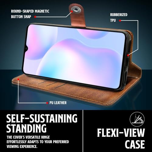 Image of WOW IMAGINE Shock Proof Flip Cover Back Case for Xiaomi Mi Redmi 9A | 9i | 9A Sport (Magnetic Button Flip Case | Wallet Pockets & Stand | Leather Finish | Alder Brown)