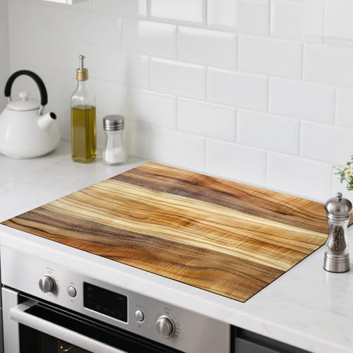 Image of Nuxovilar Stove Top Cover for Electric Stove, 20x28 Inch Polyester Glass Cooktop Protector with Wood Grain Texture Design, for Kitchen Decor & Daily Use