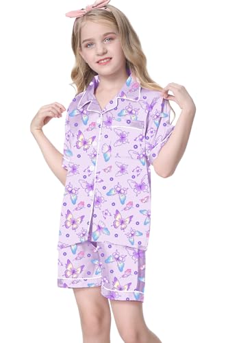 Image of Umeyda Women & Girls Pajamas Set, Soft Satin Lightweight Silk Button-Down Top with Shorts 2 Piece PJS for Mom Boys Kids Gifts