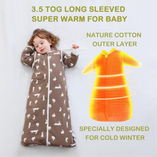 Image of Baby Sleep Sack 3.5 TOG Cotton Bunny M | 100% Cotton thick winter baby sleep sack with detachable sleeves, gentle on baby's skin, warm cozy sleep comfort for 6-18M