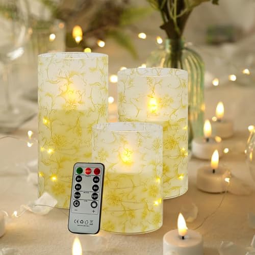 Image of Flickering Flameless Candles, Recessed String Light LED Candles 3D Wick Acrylic Battery Operated LED Pillar Candles with Remote and Timer for Modern Simple Home Decor Set of 3(Gold Flower)