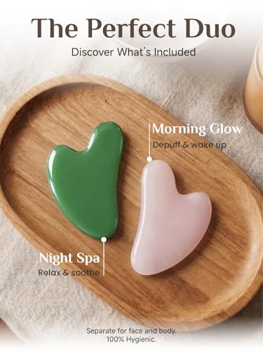 Image of Rena Chris 2PCS Gua Sha Facial Tools: Jade Stone Guasha Tool for Face Acupuncture Therapy, Facial Massager for Jawline Sculpting and Puffiness Reducing (Green & Pink)