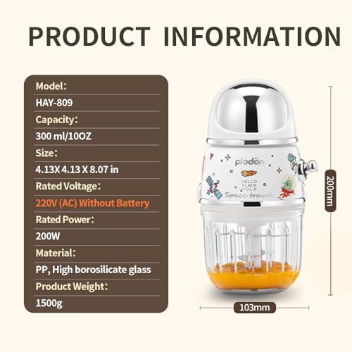 Plodon Babynahrungszubereiter, Mini-Küchenmaschine, süße und kleine Küchenmaschine, Püree-Mixer, Zerkleinerer, 1,2 Tassen, Glasschale mit 6 Klingen, elektrisch (Spaceman-Weiß (eine Schale) (White)