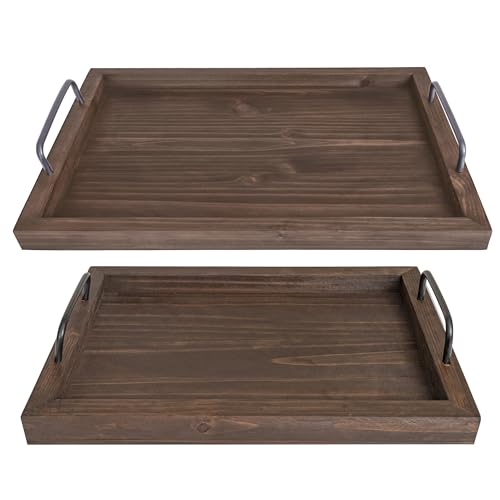 Besti Rustic Vintage Food Serving Trays (Set of 2) | Wooden Board w/Metal Handles | Stylish Farmhouse Decor Serving Platters | Small: 13.5' x 2 x 9.5, Large: 15.9' x 2' x 11.8' (Rustic Dark Brown)
