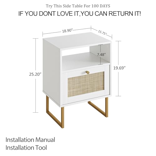 Image of Masupu Extra Large Rattan Nightstand,Boho Night Stand Modern Farmhouse Wood Bedside Table with Storage Drawer and Open Shelf,Side End Table for Bedroom,Living Room,Office White