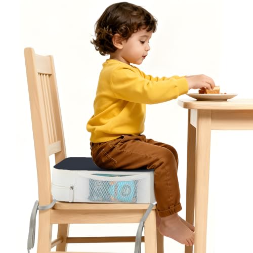 Image of Booster Seat for Kitchen Chair, 3.8 inch Toddler Booster Seats for Dining Table with Ties, PU Dining Chair Pads with Side Pockets, Non-Slip & Removable Booster Seat for Table Increasing Cushion (Blue)