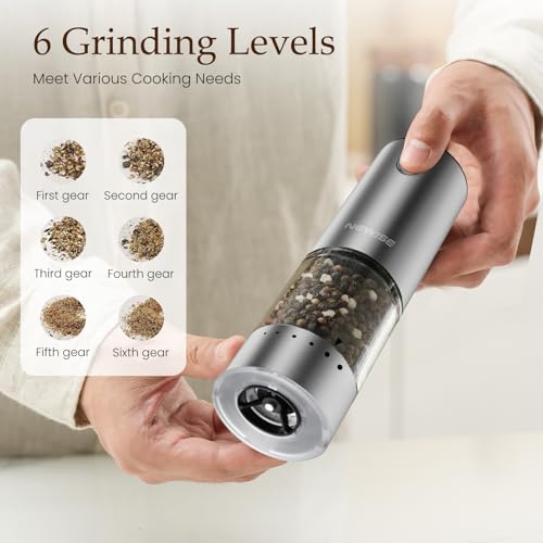Electric Salt and Pepper Grinder Set - Christmas Kitchen Gift, Rechargeable with LED Lights, Stainless Steel Automatic Mill, Adjustable Coarseness, Large Capacity, Silver - Image 3