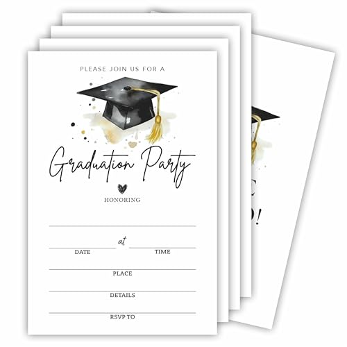 Ketsord 20 Graduation Party Invitation Cards With Envelopes - Watercolor Grad Cap - Double Sided Fill In Style Graduation Invites, Party Favor & Supplies - A03