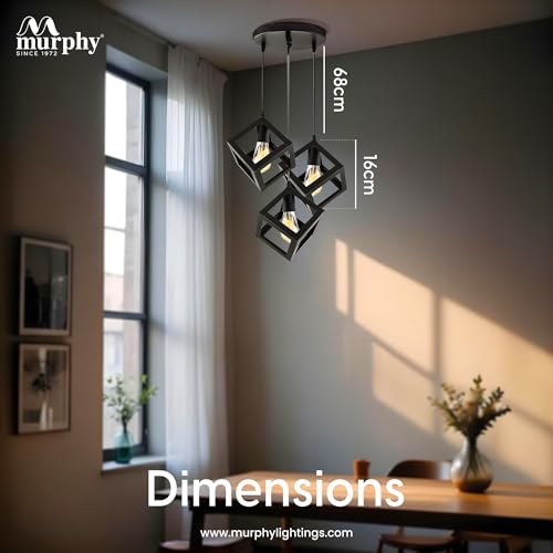 Image of Murphy Metal Cube Shape Pendant Light with Bulb -Set of 3, Pack of 2|Hanging Ceiling Light with Braided Cord|Decorative Chandelier for Home, Living Room, Indoor, Outdoor&Bar|Jhumar Lighting (Black)