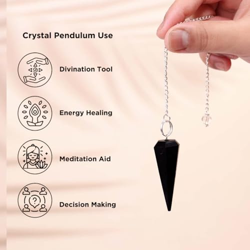Image of Shubhanjali Crystal Black Tourmaline Point Pendulum Dowsing 1 Pcs | Feng Shui Black Tourmaline 6 Faceted Dowsing Stone Pendulum with Chain Beads for Meitaiton Handheld Massager