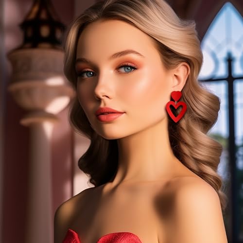 FIBO STEEL Clip on Pink Heart Earrings for Women Dangle Drop Earrings Dangling Double Heart Love Non Pierced Pink Jewlery3