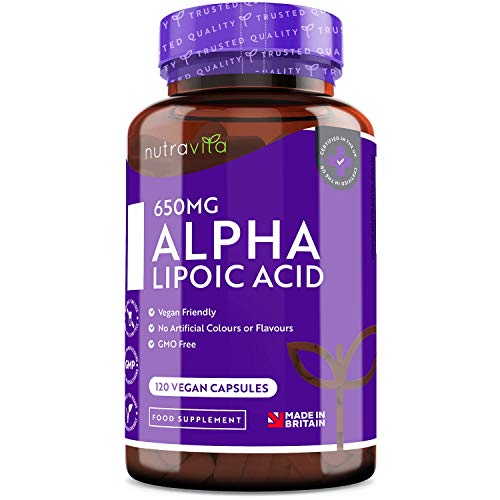 Acido Alfa Lipoico 650 mg – 120 Capsule ad Alto Dosaggio - Adatte a un’alimentazione Vegana – Naturali al 100% Senza Leganti o Riempitivi Sintetici – Fornitura da 4 Mesi – Prodotte da Nutravita