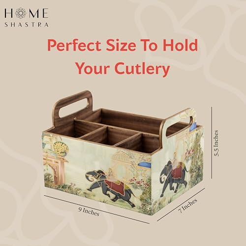 Image of Wooden Cutlery Holder with Gold Engraving | Pack of 1 | Size : 9 x 7 x 5.5 inch | Enamel Coated Waterproof | Cutlery Holder for Dining Table | (Royal Elephant)