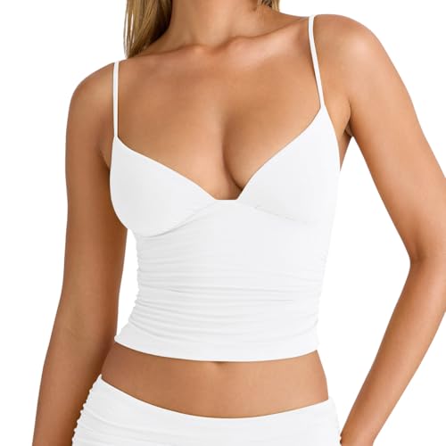LCNBA Women's Sexy Deep V-Neck Ruched Sleeveless Crop Tank Top Spaghetti Straps Slim Fitted Summer Tops