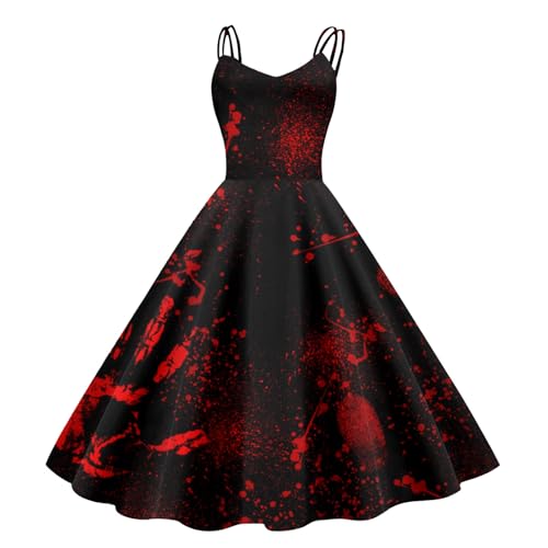 Sunnyuk Halloween Kostüm Damen Gruselig, Zombie Blutiges Kleid Horror Braut Kostüme Elegant Blut Aufdruck Brautkleid Ärmellos Kleider...