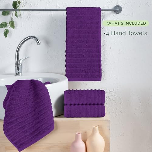 Image of Elegant Comfort Luxury 100% Turkish Cotton Corduroy Ribbed 4 Pack Hand Towel Set 16 x 28 Inch - Absorbent, Super Soft, Quick Dry, Premium Towels for Bathroom, Gym, Spa and Hotel Use, Purple