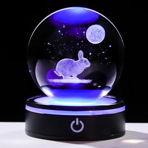 YWHL 3D Crystal Ball Moon Rabbit Figurine with Colorful LED Base, Bunny Gifts for Women Men on Birthday Christmas Rabbits Statue Glass Animal Bunny Statue Night Light for Home Decor (80mm)