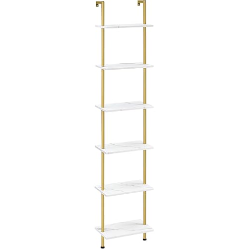HOOBRO DIY Ladder Shelf, 6-Tier Wooden Wall Mounted Bookshelf, Narrow Gold Bookcase, Display Shelf, Storage Rack, Plant Stand, for Living Room, Bedroom, Study, Balcony, Marble and Gold DM651CJ01