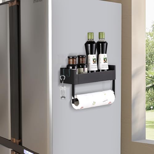WHALEZZ Magnetic Spice Rack for Refrigerator, Magnetic Spice Organizer Rack with Paper Towel Holder Shelf for Small Kitchen Storage, Space Saver Container for Apartmen, Black