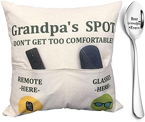ZUYUROU Grandpa Gifts,2-Pocket Grandpa’s Spot Throw Pillow Covers 18x18 Inch + Engraved Spoon, Fathers Day Birthday Christmas Thanksgiving Day Gifts for Papa, Granddad