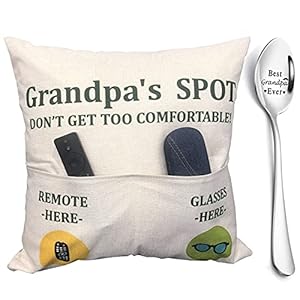 Grandpa Gifts,2-Pocket Grandpa’s Spot Throw Pillow Covers 18×18 Inch + Engraved Spoon, Fathers Day Birthday Christmas Thanksgiving Day Gifts for Papa, Granddad