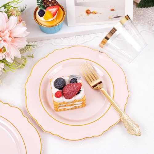 Liacere 350PCS Pink Plates Disposable - Pink and Gold Plates 50guest Baroque Plastic Dinnerware include 100Plates, 50Pack Pre Rolled Napkins with Silverware 50Cups Perfect for Wedding＆Mother\'s Day - Thumbnail 2