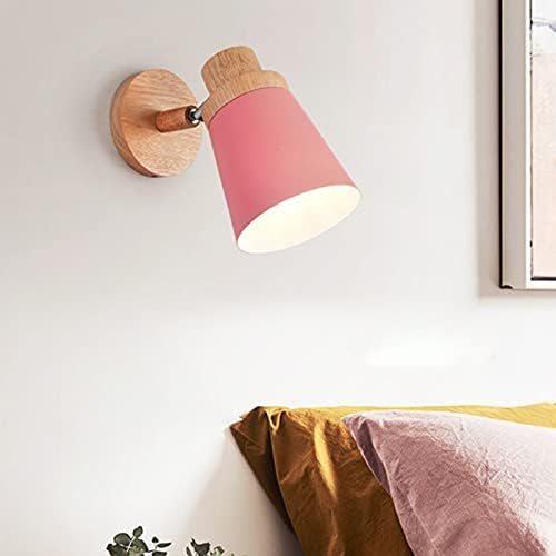 CraftThink LED Wall Sconce, Macaron 1 Bulb Wall Mounted Lamp Pink and Wood Tapered Adjustable Wall Lighting with Metal Shade for Bedside lamp Living Room Porch Hallway Restaurant Foyer