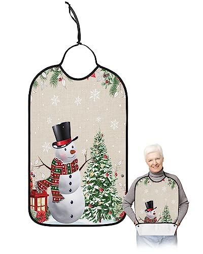 Winter Snowman Adult Bib for Eating with Crumb Catcher,Washable & Waterproof Terry Cloth Adjustable Elderly Women Men Adult Bibs Funny Clothing Protector Christmas Poinsettia Eucalyptus Leaf Snowflake