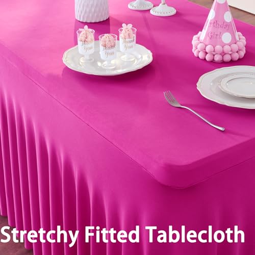 Image of 3 Pack Hot Pink Spandex Tablecloth for 6 Foot Rectangle Tables, Wrinkle Free Fitted Table Cloth Cover 6ft Fuchsia Stretchy Tablecloths with Skirt for Parties Weddings Birthday Banquet Baby Shower