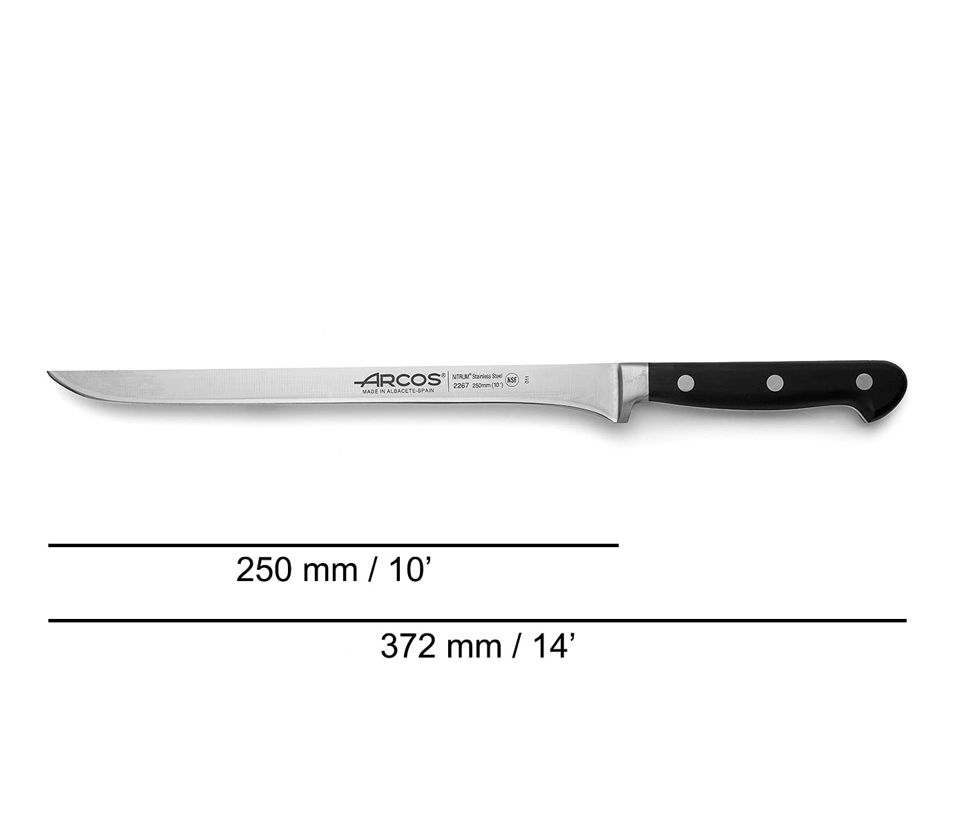 Arcos Schinkenmesser aus NITRUM Edelstahl 25 cm - Präzisionsgeschmiedetes Messer für Köche, Griff aus POM, Farbe Schwarz - Serie Clásica