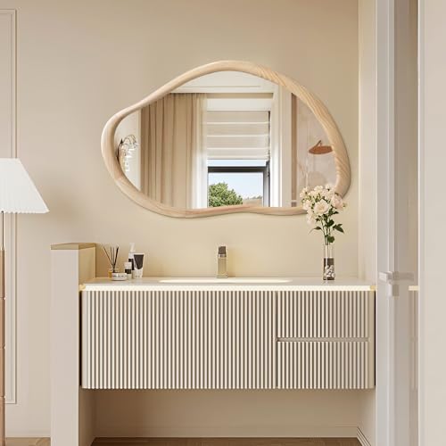 TheiaMo 35'x24' Wood Wall Mirror, Rustic Asymmetrical Bathroom Mirror with Wood Frame, Farmhouse...