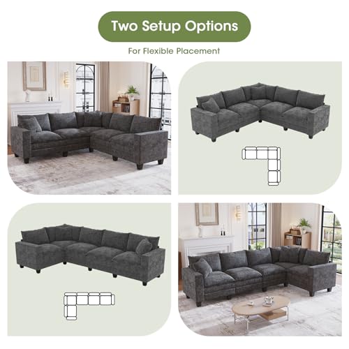 Image of 97 inch L Shaped Sectional Couch, Comfy Chenille Cloud Couch, 5 Seat Modular Cloud Sofa with 2 Pillows & Storage Armrests, Convertible V Shaped Corner Couch, Sectional Couches for Living Room, Grey