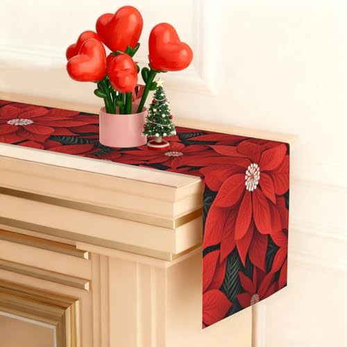 Chemin de table Poinsettia imitation lin de noël 33x183 cm