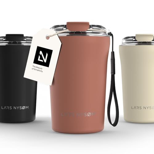 Image of LARS NYSOM Thermo Coffee Mug to go with Strap 13oz | Travel Mug 0.38 Liter with Insulation | Leak Proof Stainless Steel Thermal Tumbler for Coffee and Tea to Go (Brick Red, 12.9oz)