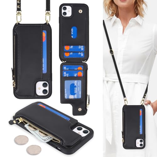 Cavor for iPhone 11 Wallet Case with Card Holder for Women for iPhone 11 Case with Strap Crossbody Lanyard and Wristlet Zipper Pocket Phone Cover-Black