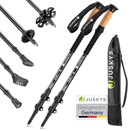 Juskys Nordic Walking Stöcke - 2 Alu Teleskop Wanderstöcke, leicht & ausziehbar, Damen & Herren, mit Gummipuffer & Tasche, Kork Griff - Schwarz