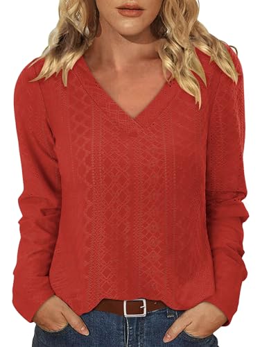 KISSMODA Long Sleeve Fall Shirts For Women V Neck Tunic Tops Embroidered Button Down Knitted Blouses 2025