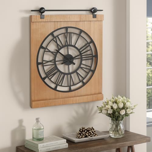 FLORA-Large-Farmhouse-Wall-ClockRustic-Barn-Door-Wall-Clocks-for-Living-Room-Decor-Battery-Operated-24-Brown FLORA Large Farmhouse Wall ClockRustic Barn Door Wall Clocks for Living Room Decor Battery Operated 24 Brown