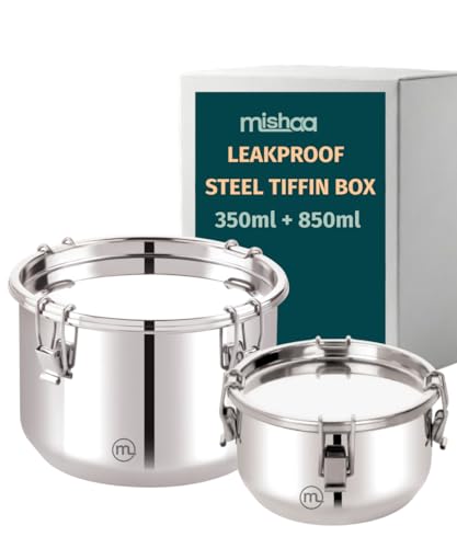 Image of Mishaa Steel Leakproof Tiffin /Lunch Box, Airtight & Spill-Proof Container for Curry & Liquid Items, Steel Lunch Box for School, College & Office, Suitable for Men, Women & Kids (350ML + 850ML)