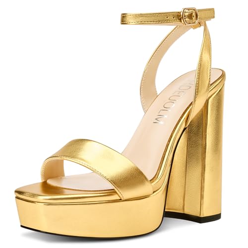 HDEUOLM Womens Chunky Block High Platform Heel Open Toe Square Toe Sandals Ankle Strap Buckle Prom Dress 5.3 Inches Heels