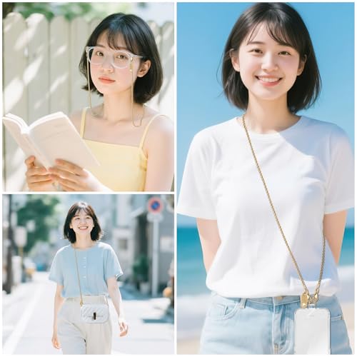 [UKON] スマホストラップ 携帯ストラップ チェーンストラップ 手首 斜め掛け用 金属製 軽量 紛失/落下防止 外出 旅行用 パッチ２枚付き ゴールド Long