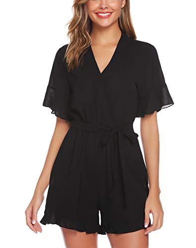 Abollria Tutina Estiva Donna a Maniche Corte, Jumpsuit Estivo Donna Monopezzi Tutine Manica Corta con Cintura Un Pezzo Rompers Tuta Donna Sportivo Playsuit per Mare Spiaggia Vacanza, Nero, S