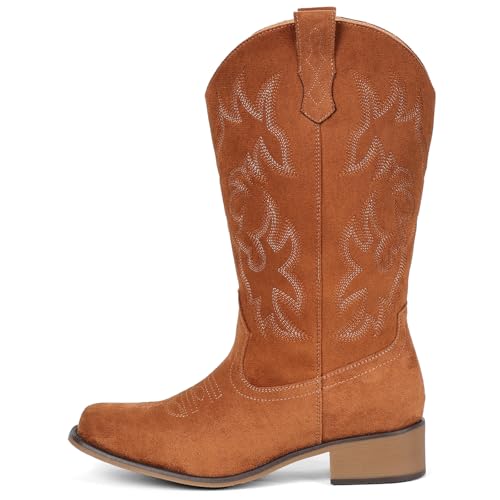 Image of IUV Cowboy Boots For Women Square Toe Wide Mid Calf Western Pull On Suede Fashion Black Brown Cowgirl Boots