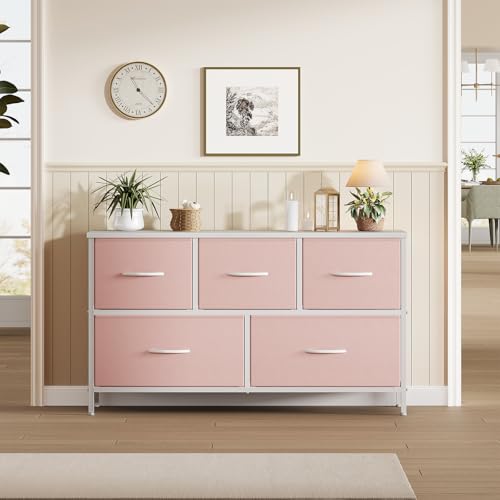 Image of OLIXIS Pink Dresser for Girls Bedroom, Wide Dresser for Closet, 5 Drawers | Closet Organizers and Storage with Bins, Fabric Chest of Drawers for Clothes Storage, Wooden Top, Living Room