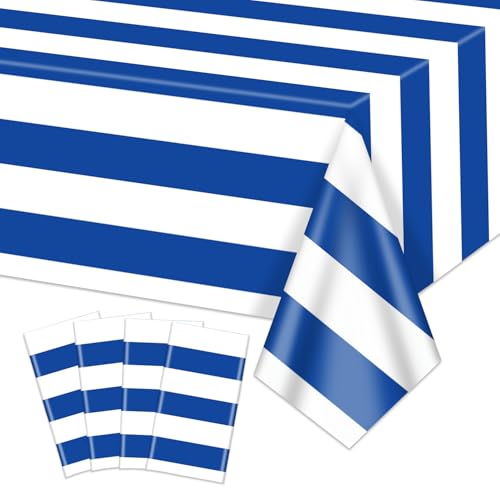 Blau-weiß gestreifte Tischdecken, nautische Tischdecke, Blaue Streifen, Kunststoff-Tischdekorationen für nautische Ozean-Mottoparty, 1. Geburtstag des Jungen, 220 x 130 cm, 4 Stück