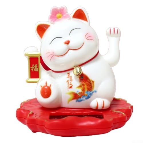 Zilimontt Adorno de gato de la suerte con sensor de luz para riqueza y buena suerte, Feng Shui blanco Maneki Neko decoración para el hogar, oficina, tienda o (2314-blanco)