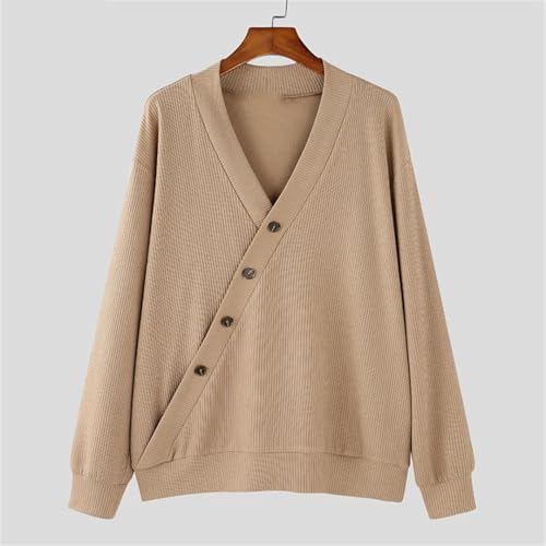 Hndudnff Men's V-Neck Solid Color Sweater Casual Single-Breasted Street Long-Sleeved Sweater4